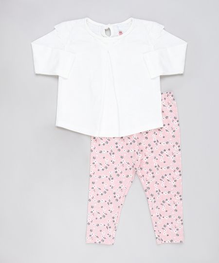 Conjunto-Infantil-de-Blusa-com-Laise-Manga-Longa-Off-White---Calca-Legging-Estampada-Floral-Rosa-9905226-Rosa_1