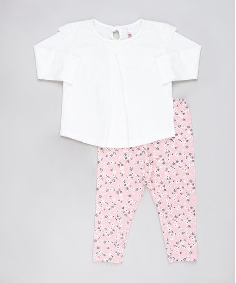 Conjunto-Infantil-de-Blusa-com-Laise-Manga-Longa-Off-White---Calca-Legging-Estampada-Floral-Rosa-9905226-Rosa_1
