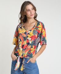 Blusa-Feminina-Ampla-Estampada-Floral-com-No-Manga-Curta-Decote-V-Multicor-9891762-Multicor_1