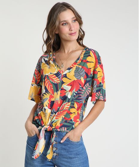 Blusa-Feminina-Ampla-Estampada-Floral-com-No-Manga-Curta-Decote-V-Multicor-9891762-Multicor_1