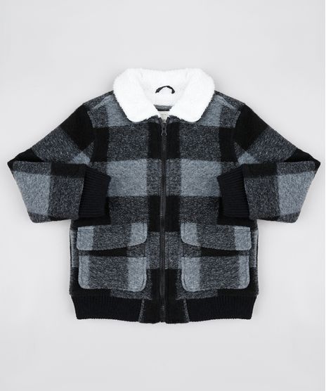 Jaqueta-Infantil-Estampada-Xadrez-em-La-com-Pelo-Preta-9846533-Preto_1