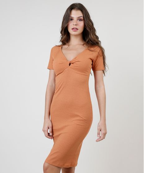 Vestido-Feminino-Curto-Canelado-com-No-Manga-Curta-Caramelo-9895472-Caramelo_1