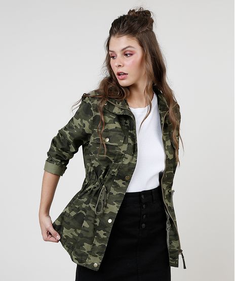 Parka-de-Sarja-Feminina-Estampada-Camuflada-com-Bolsos-Gola-Alta-Verde-Militar-9816142-Verde_Militar_1