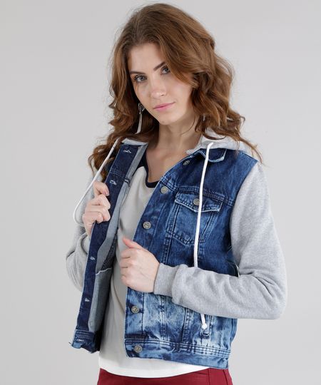 jaqueta jeans feminina com manga de moletom