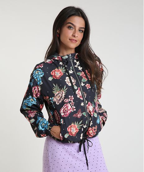 Jaqueta-Corta-Vento-Feminina-em-Nylon-Estampada-Floral-com-Capuz-Preta-9786531-Preto_1