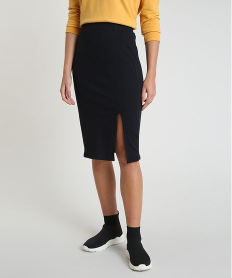 Saia-Feminina-Midi-Canelada-com-Fenda-Preta-9847144-Preto_1