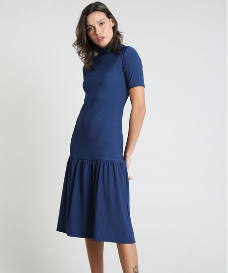 Vestido-Feminino-Mindset-Midi-Canelado-com-Recorte-Manga-Curta-Gola-Alta-Azul-Marinho-9947931-Azul_Marinho_1