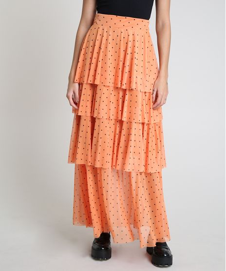 Saia-Feminina-Mindset-Longa-Estampada-de-Poa-em-Camadas-Laranja-9947933-Laranja_1