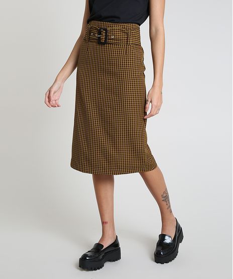 Saia-Lapis-Feminina-Mindset-Midi-Estampada-Xadrez-com-Bolsos-e-Cinto-Amarela-9948288-Amarelo_1