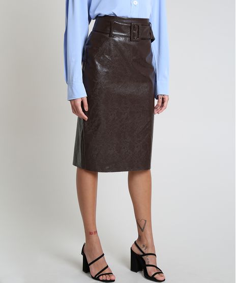 Saia-Lapis-Feminina-Mindset-Midi-Texturizada-Cobra-com-Cinto-Marrom-9947934-Marrom_1