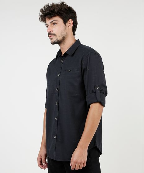 Camisa-Masculina-Tradicional-Mescla-com-Bolsos-Manga-Longa-Preta-9813192-Preto_1