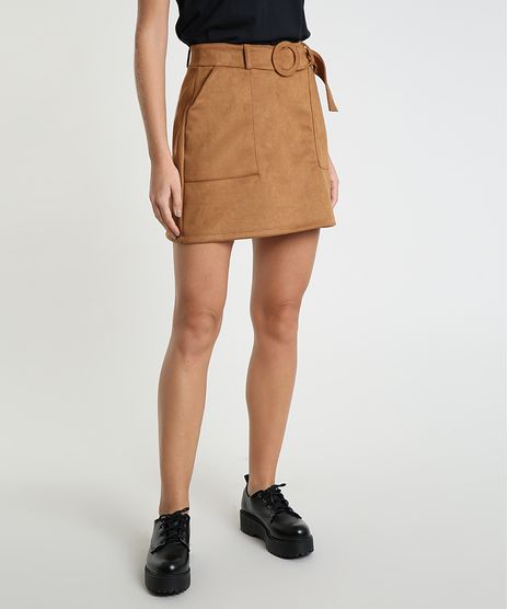Saia-Feminina-Curta-em-Suede-com-Bolsos-e-Cinto-Caramelo-9904090-Caramelo_1