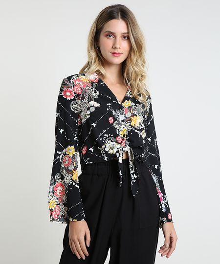 Camisa-Feminina-Estampada-Floral-com-No-Manga-Longa-Preta-9819273-Preto_1