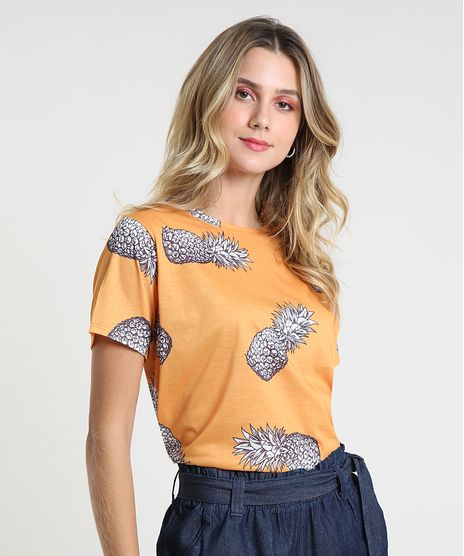 Blusa-Feminina-Estampada-de-Abacaxi-Manga-Curta-Decote-Redondo-Amarela-9937065-Amarelo_1