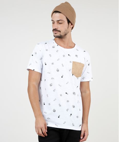 Camiseta-Masculina-Estampada-com-Bolso-em-Suede-Manga-Curta-Gola-Careca-Branca-9756433-Branco_1