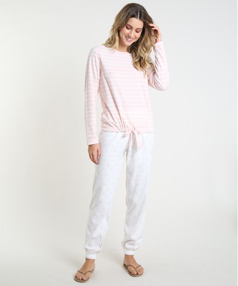 Pijama-Feminino-Listrado-com-Coracoes-em-Fleece-Manga-Longa-Rosa-Claro-9836378-Rosa_Claro_1