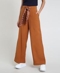 Calca-Feminina-Pantalona-Cintura-Alta-com-Bolsos-e-Faixa-para-Amarrar-Acetinada-Caramelo-9818106-Caramelo_1