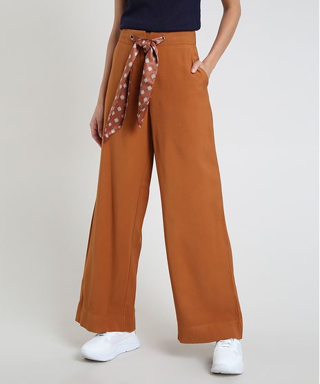 Calca-Feminina-Pantalona-Cintura-Alta-com-Bolsos-e-Faixa-para-Amarrar-Acetinada-Caramelo-9818106-Caramelo_1