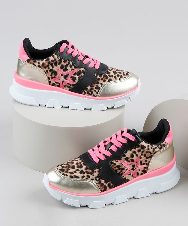 Tênis Feminino Oneself Sneaker Chunky Estampado Animal Print Onça com Recortes Bege 34