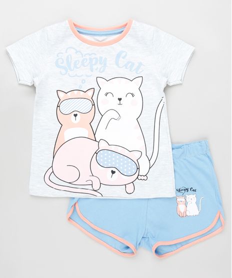 Pijama-Infantil-Gatinhos-Manga-Curta-Cinza-Mescla-Claro-9879738-Cinza_Mescla_Claro_1