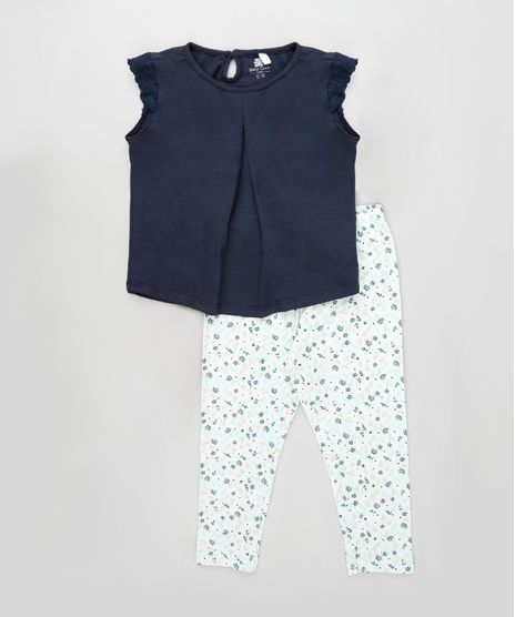 Conjunto-Infantil-de-Blusa-Flame-Manga-Curta-Azul-Marinho---Calca-Estampada-Floral-Verde-Claro-9922708-Verde_Claro_1