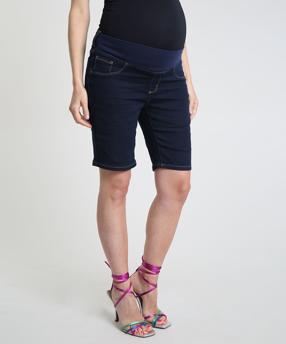 Bermuda Jeans Feminina Gestante Ciclista Azul Escuro