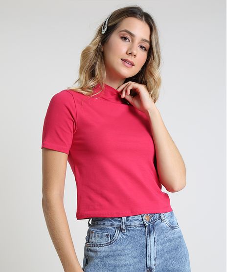Blusa-Feminina-Basica-Manga-Curta-Gola-Alta-Rosa-Escuro-9941595-Rosa_Escuro_1