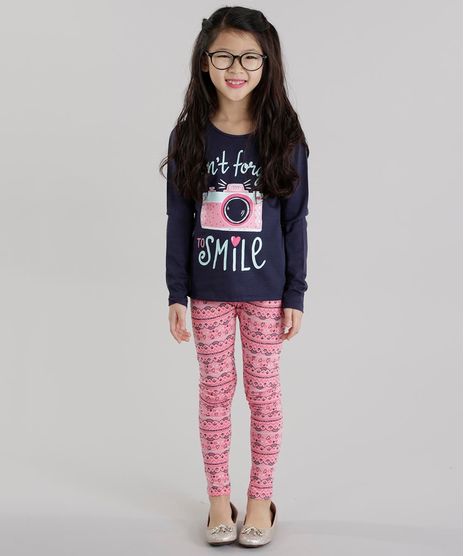Conjunto--Don-t-Forget-To-Smile--de-Blusa-Azul-Marinho---Calca-Legging-Estampada-Rosa-8628031-Rosa_1