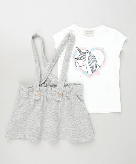 Conjunto-Infantil-de-Blusa-Unicornio-Manga-Curta-Branca---Salopete-com-Textura-e-Botoes-Cinza-9933963-Cinza_1