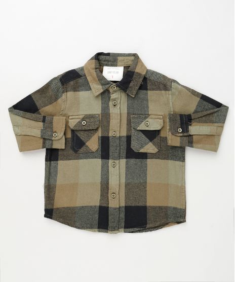 Camisa-Infantil-Estampada-Xadrez-em-Flanela-com-Bolsos-Manga-Longa-Bege-9810806-Bege_1