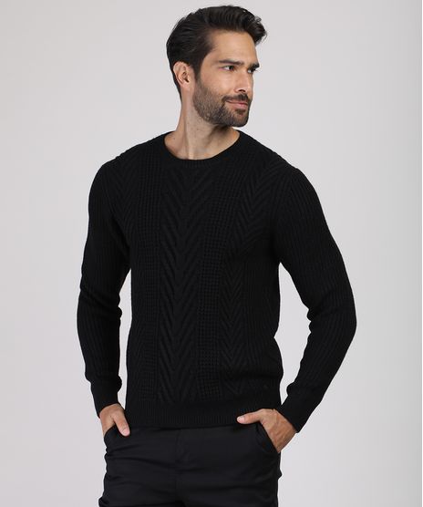 Sueter-Masculino-em-Trico-Texturizado-Gola-Careca-Preto-9821908-Preto_1