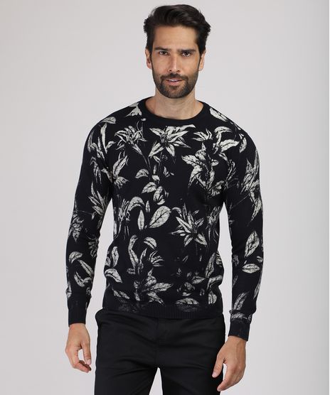 Sueter-Masculino-Estampado-Floral-em-Trico-Gola-Careca-Preto-9822378-Preto_1