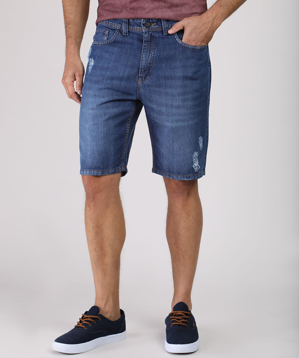 Bermuda Jeans Masculina Slim Com Rasgos Azul Escuro Cea