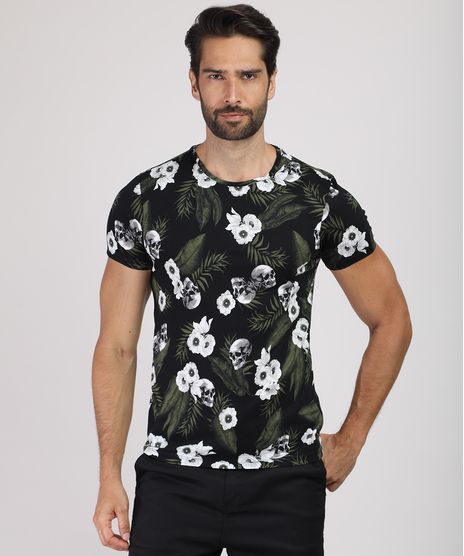 Camiseta-Masculina-Slim-Estampada-Floral-com-Caveira-Manga-Curta-Gola-Careca-Preta-9607369-Preto_1