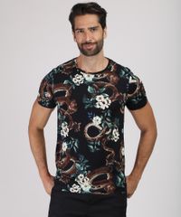 Camiseta-Masculina-Slim-Estampada-Floral-com-Cobra-Manga-Curta-Gola-Careca-Preta-9660830-Preto_1