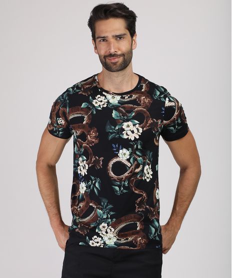 Camiseta-Masculina-Slim-Estampada-Floral-com-Cobra-Manga-Curta-Gola-Careca-Preta-9660830-Preto_1
