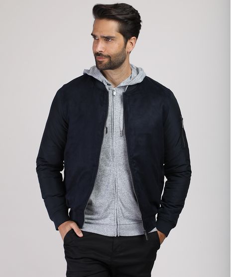 Jaqueta-Bomber-Masculina-Slim-Acolchoada-em-Suede-com-Nylon-e-Bolsos-Azul-Escuro-9816121-Azul_Escuro_1