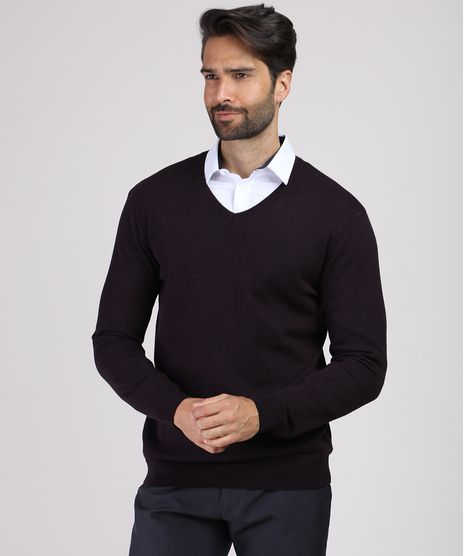 Sueter-Masculino-em-Trico-Gola-V-Vinho-9784342-Vinho_1