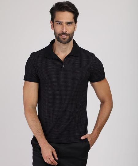 Polo-Masculina-Slim-em-Piquet-Estampada-Mini-Print-com-Bolso-Manga-Curta-Preta-9867095-Preto_1
