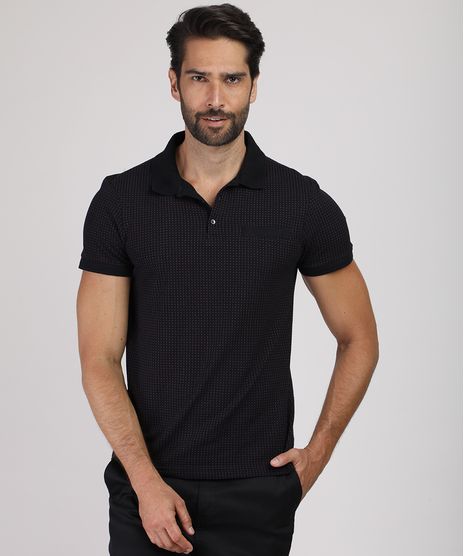 Polo-Masculina-Slim-em-Piquet-Estampada-Mini-Print-com-Bolso-Manga-Curta-Preta-9867095-Preto_1