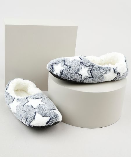 Pantufa-Feminina-Estampada-de-Estrelas-em-Pelucia--Cinza-9849648-Cinza_1