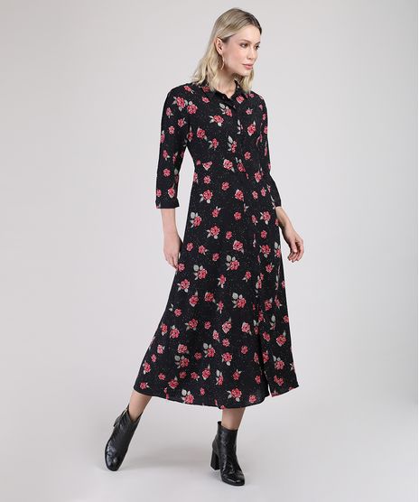 Vestido-Chemise-Feminino-Midi-Estampado-Floral-Manga-3-4-Preto-9892065-Preto_1