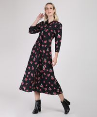 Vestido-Chemise-Feminino-Midi-Estampado-Floral-Manga-3-4-Preto-9892065-Preto_3
