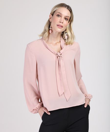 Blusa-Feminina-em-Crepe-com-Gola-Laco-Manga-Bufante-Rose-9847975-Rose_1