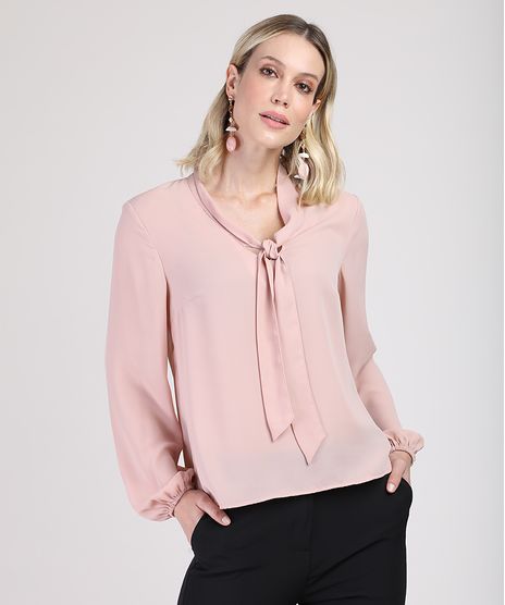 Blusa-Feminina-em-Crepe-com-Gola-Laco-Manga-Bufante-Rose-9847975-Rose_1
