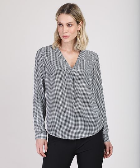 Blusa-Feminina-Ampla-Estampada-Pied-de-Poule-Manga-Longa-Decote-V-Preta-9822198-Preto_1