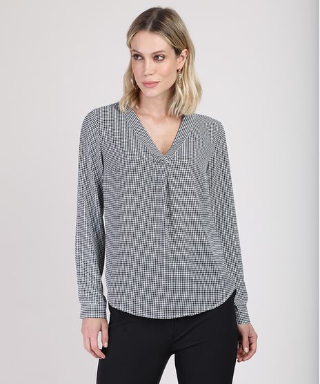 Blusa-Feminina-Ampla-Estampada-Pied-de-Poule-Manga-Longa-Decote-V-Preta-9822198-Preto_1