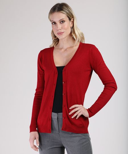 Cardigan-Feminino-Basico-em-Trico-Decote-V-Vermelho-Escuro-9811049-Vermelho_Escuro_1