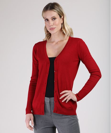 Cardigan-Feminino-Basico-em-Trico-Decote-V-Vermelho-Escuro-9811049-Vermelho_Escuro_1