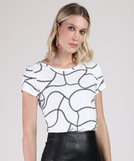 Blusa Feminina Estampada de Correntes com Botões Manga Curta Decote Redondo Branca - G Menor preço em Blusa Feminina Estampada de Correntes com Botões Manga Curta Decote Redondo Branca - G